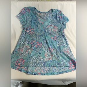 Vintage Lilly Pulitzer Blue and Pink Flutter Sleeve Asymmetrical Blouse